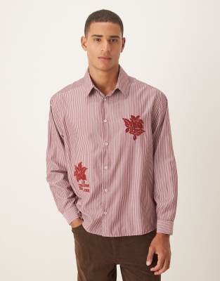 Asos Design Oversized Shirt With Floral Embroidery Detail In Red