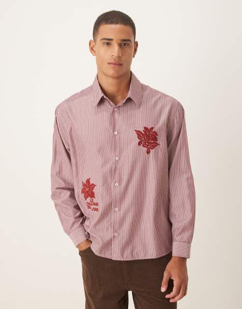 ASOS DESIGN oversized shirt with floral embroidery detail in burgundy striped poplin - view 1