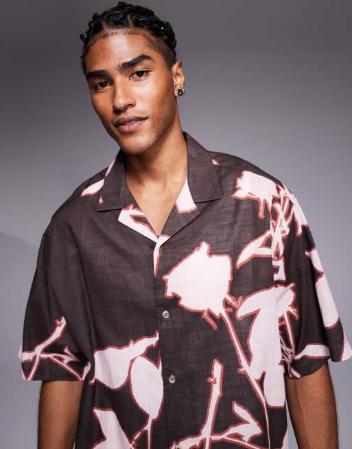 ASOS DESIGN oversized shirt with floral print in brown, 2 of 4