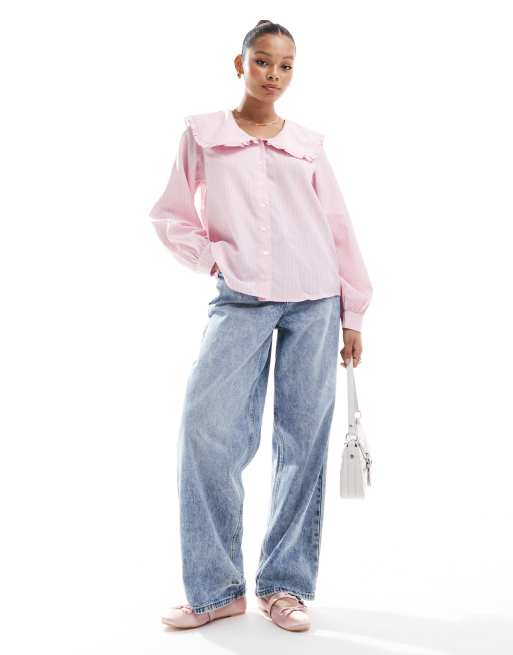 ASOS DESIGN oversized shirt with frill collar in pink stripe, 2 of 4