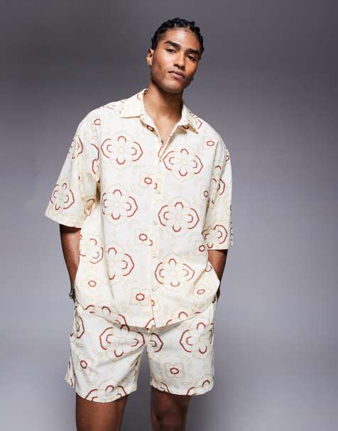ASOS DESIGN oversized shirt with geo print in beige (part of a set) - view 1