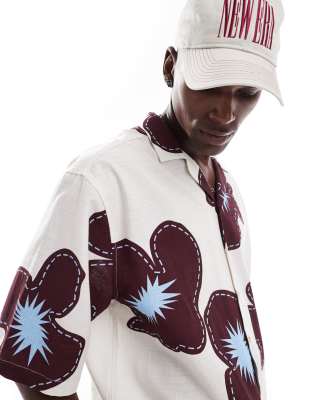 ASOS DESIGN oversized shirt with half sleeves in cream flower print