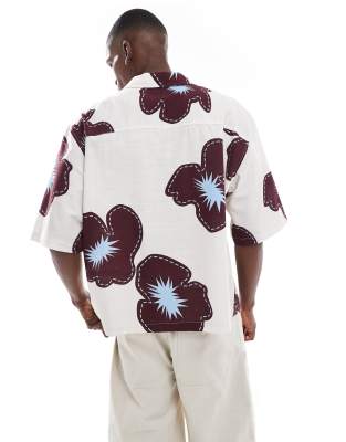 ASOS DESIGN oversized shirt with half sleeves in cream flower print