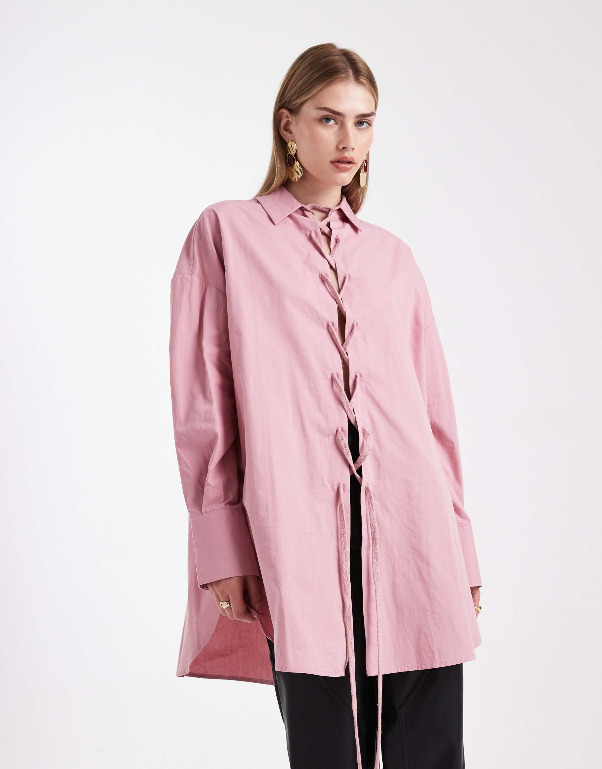 asos design oversized shirt with lace up detail in pink