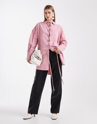 Asos Design Oversized Shirt With Lace Up Detail In Pink