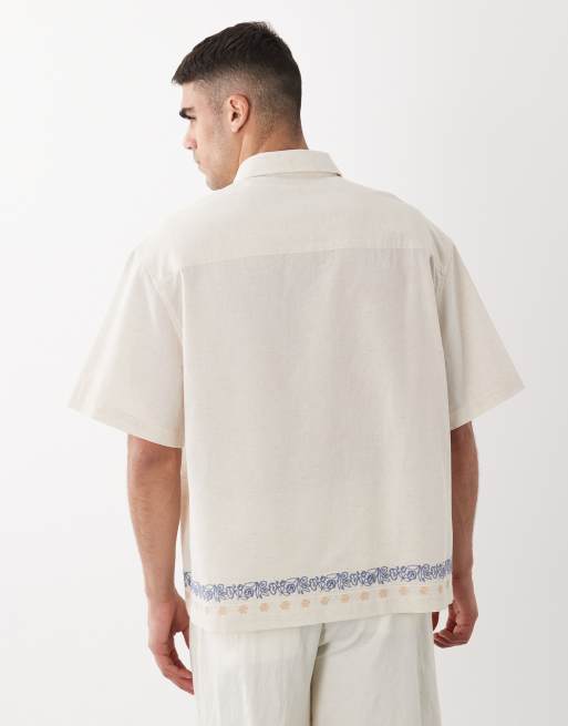 ASOS DESIGN oversized shirt with linen and border embroidery in stone, 4 of 5