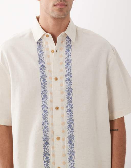 ASOS DESIGN oversized shirt with linen and border embroidery in stone, 5 of 5