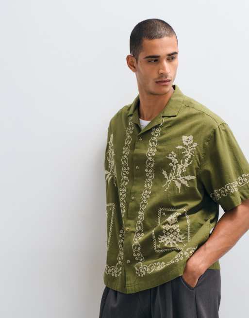 ASOS DESIGN oversized shirt with linen and cross stitch embroidery in khaki, 5 of 5