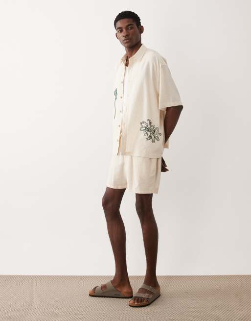 ASOS DESIGN oversized shirt with linen and rope embroidery detail in natural, 2 of 5