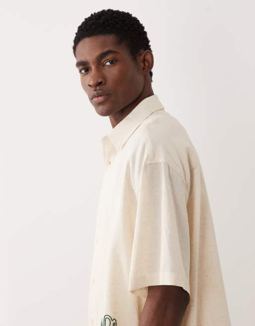 ASOS DESIGN oversized shirt with linen and rope embroidery detail in natural, 4 of 5