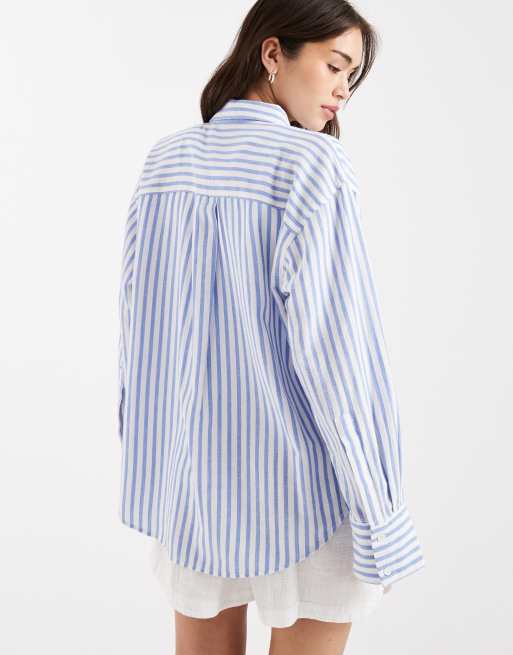 ASOS DESIGN oversized shirt with linen in blue stripe, 4 of 4