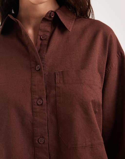 ASOS DESIGN oversized shirt with linen in brown, 3 of 4