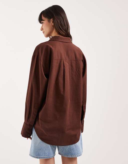ASOS DESIGN oversized shirt with linen in brown, 4 of 4