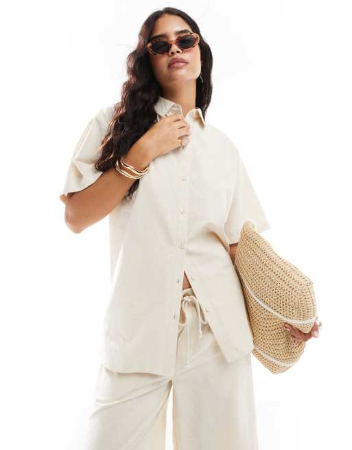 ASOS DESIGN oversized shirt with linen look in neutral (part of a set)