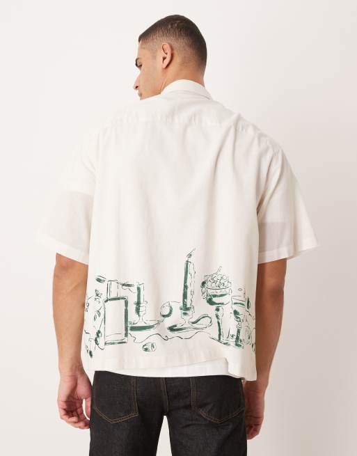 ASOS DESIGN oversized shirt with linen with placement print in off white, 3 of 5