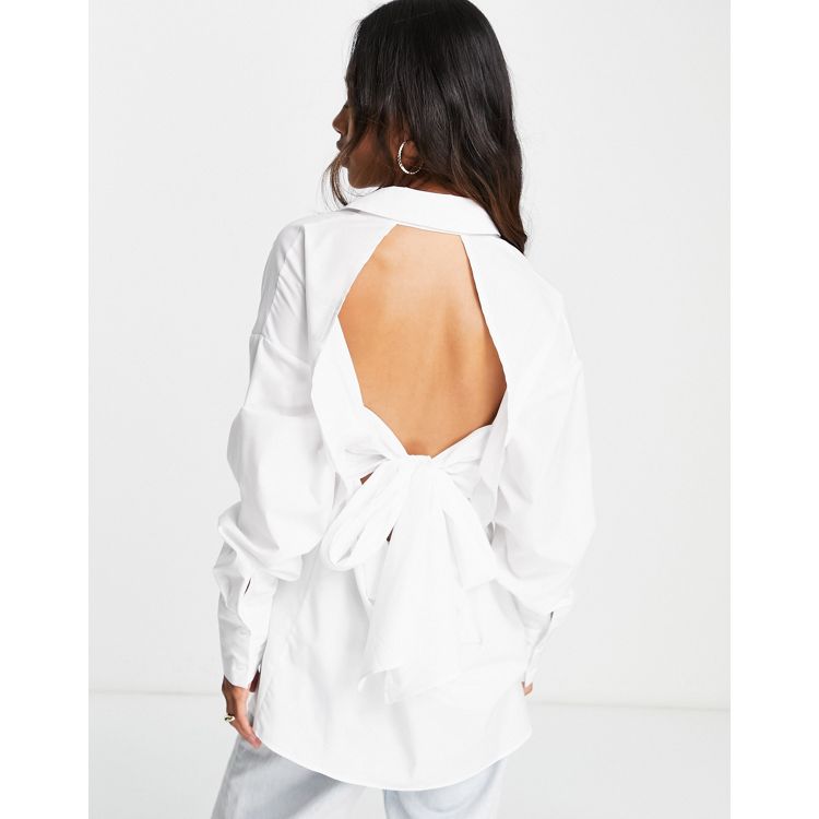 ASOS DESIGN oversized shirt with open back & bow detail in white