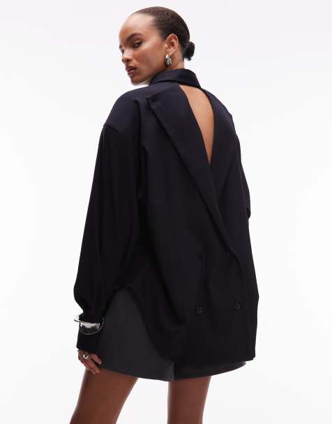 ASOS DESIGN oversized shirt with open back detail in black pinstripe - view 1