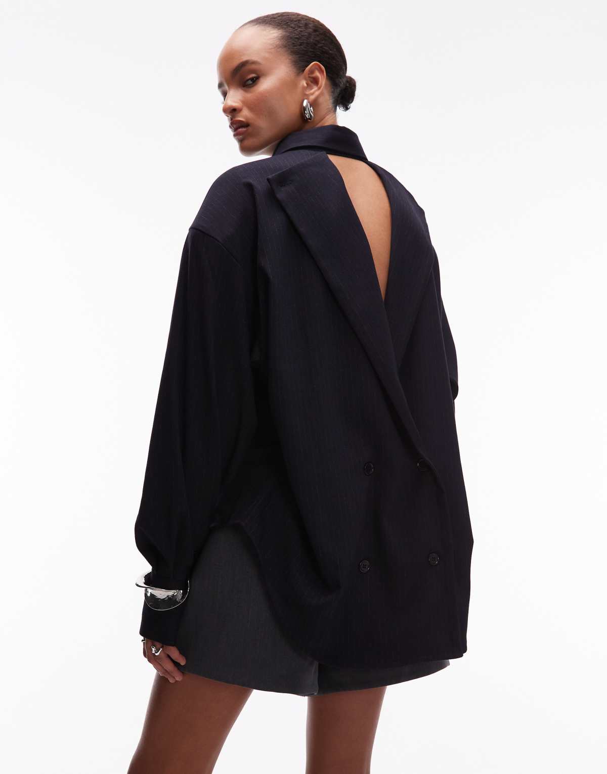 ASOS DESIGN oversized shirt with open back detail in black pinstripe