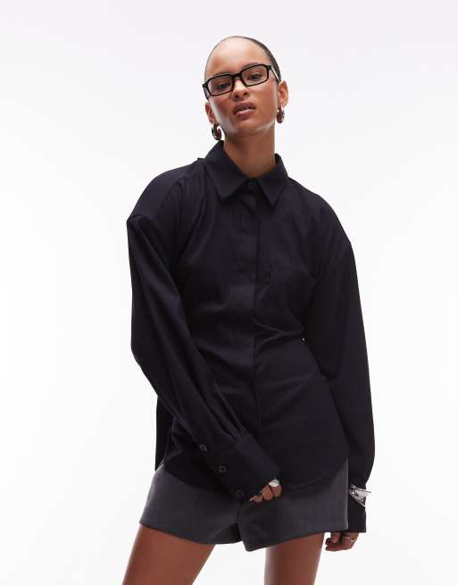 ASOS DESIGN oversized shirt with open back detail in black pinstripe