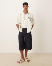 ASOS DESIGN oversized boxy linen mix shirt with embroidery in beige