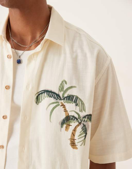 ASOS DESIGN oversized shirt with palm placement print in beige