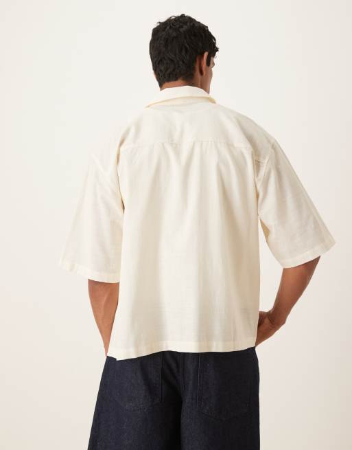 ASOS DESIGN oversized shirt with palm placement print in beige, 3 of 4