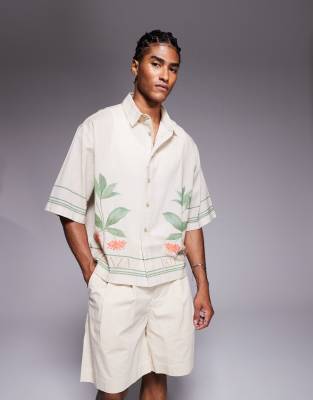 Asos Design Oversized Shirt With Placement Print In Neutral