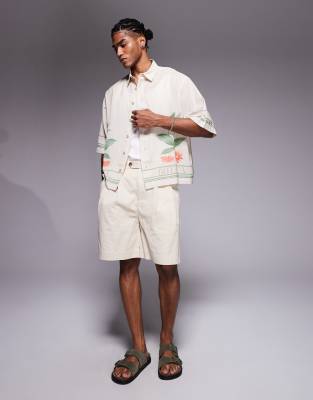 Asos Design Oversized Shirt With Placement Print In Neutral