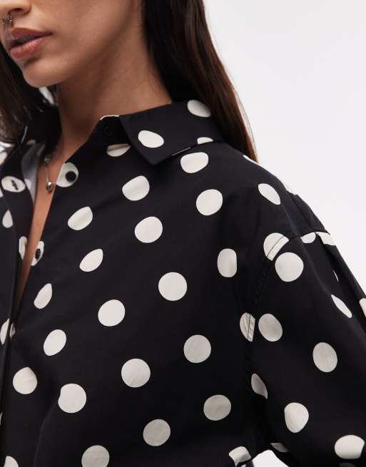 ASOS DESIGN oversized shirt with pleat in black polka dot, 2 of 4