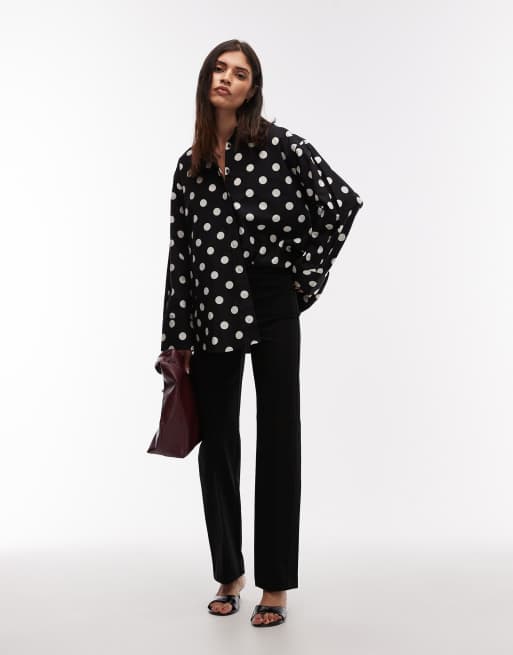 ASOS DESIGN oversized shirt with pleat in black polka dot, 4 of 4