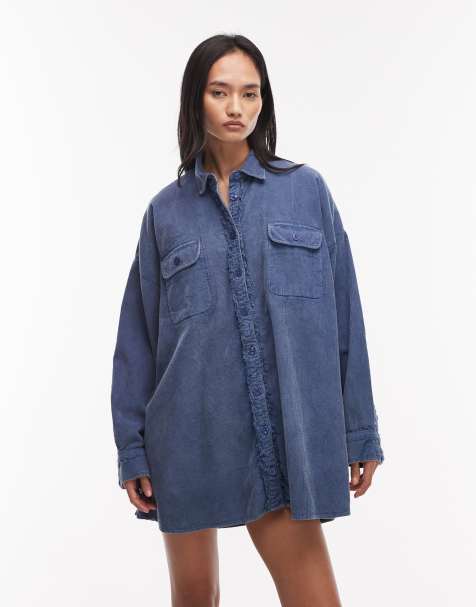 ASOS DESIGN oversized shirt with pockets in washed denim blue - view 1