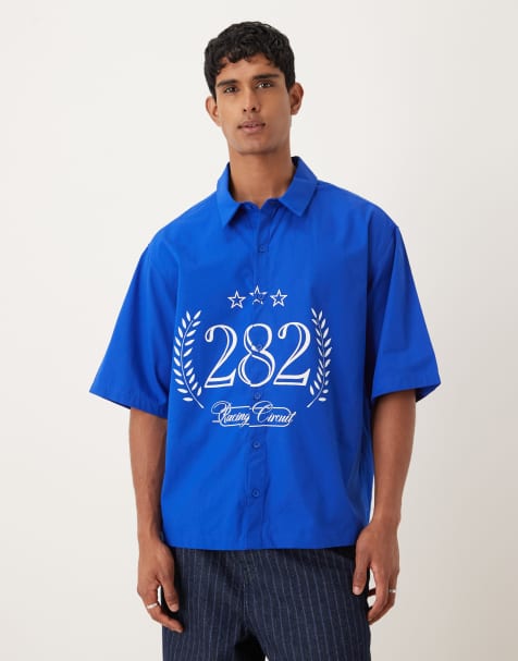 ASOS DESIGN oversized shirt with print detail in blue - view 1