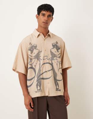 Asos Design Oversized Shirt With Print Detail In Neutral