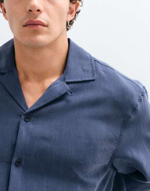 ASOS DESIGN oversized shirt with revere collar and curved hem navy, 3 of 5