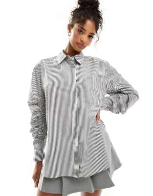 ASOS DESIGN oversized shirt with ruched sleeves in black & white stripe-Multi