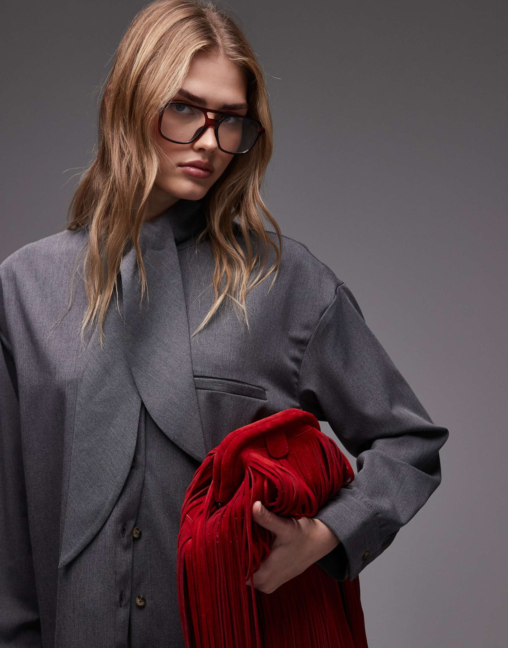 asos design oversized shirt with scarf detail in gray