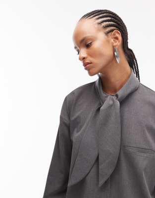 Asos Design Oversized Shirt With Scarf Detail In Gray