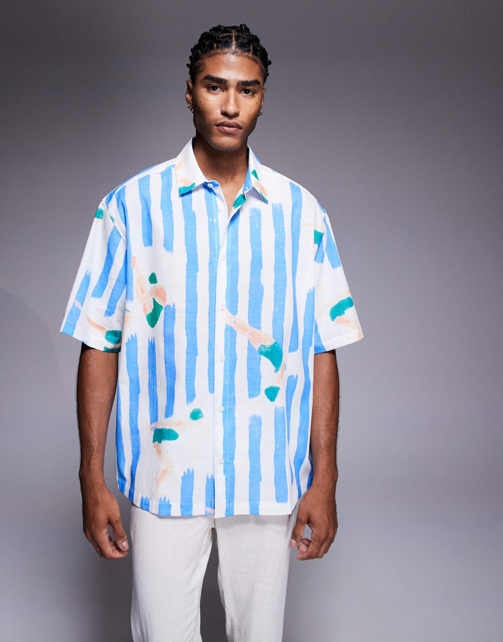 ДИЗАЙНЕРСКАЯ рубашка оверсайз от ASOS с принтом в полоску синего цвета