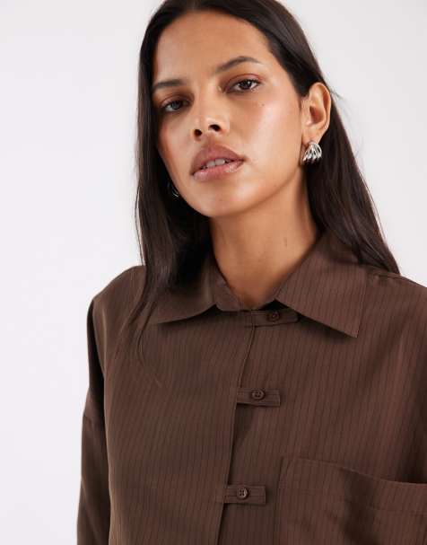 ASOS DESIGN oversized shirt with tab detail in chocolate pinstripe - view 1