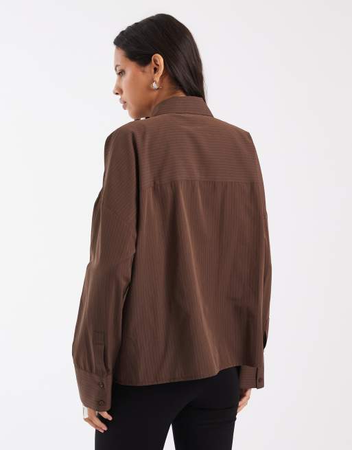 ASOS DESIGN oversized shirt with tab detail in chocolate pinstripe, 3 of 4