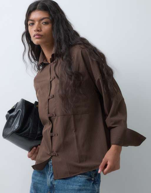 ASOS DESIGN oversized shirt with tab detail in chocolate pinstripe, 5 of 5