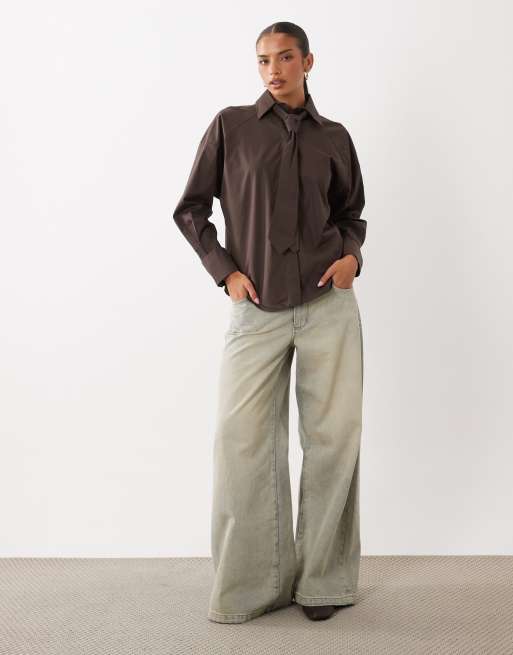 ASOS DESIGN oversized shirt with tie in chocolate, 2 of 4