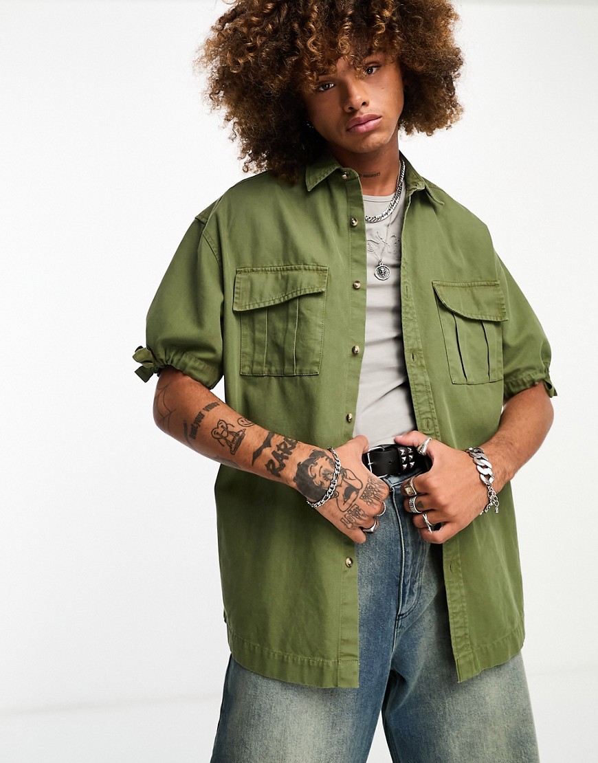 ASOS DESIGN oversized shirt with tie sleeves in khaki-Green