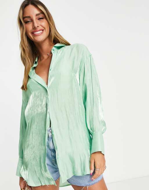ASOS DESIGN oversized shirt with volume sleeve and deep cuff in sage