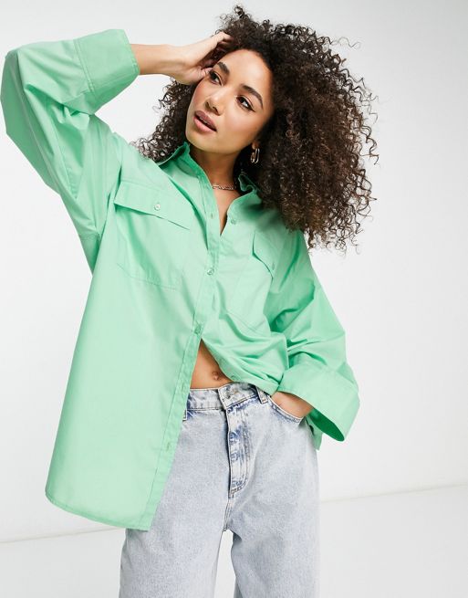 ASOS DESIGN oversized shirt with wide cuff detail in green | ASOS