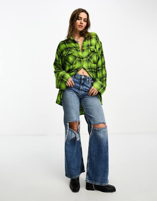 ASOS DESIGN oversized shirt with wide cuff detail in neon green check, 2 of 4