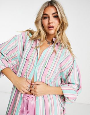 ASOS DESIGN oversized shirt with wide cuff detail in pastel mixed stripe