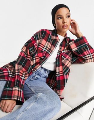 ASOS DESIGN oversized shirt with wide cuff detail in red check