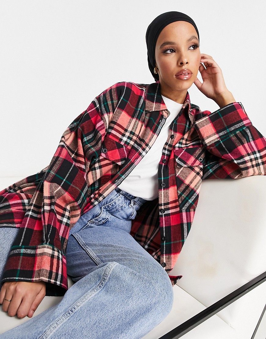 ASOS DESIGN oversized shirt with wide cuff detail in red plaid-Multi
