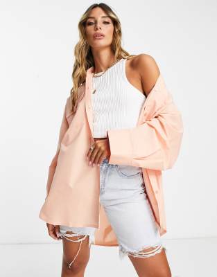 Asos Design Oversized Shirt With Wide Cuff Detail In Watermelon-orange